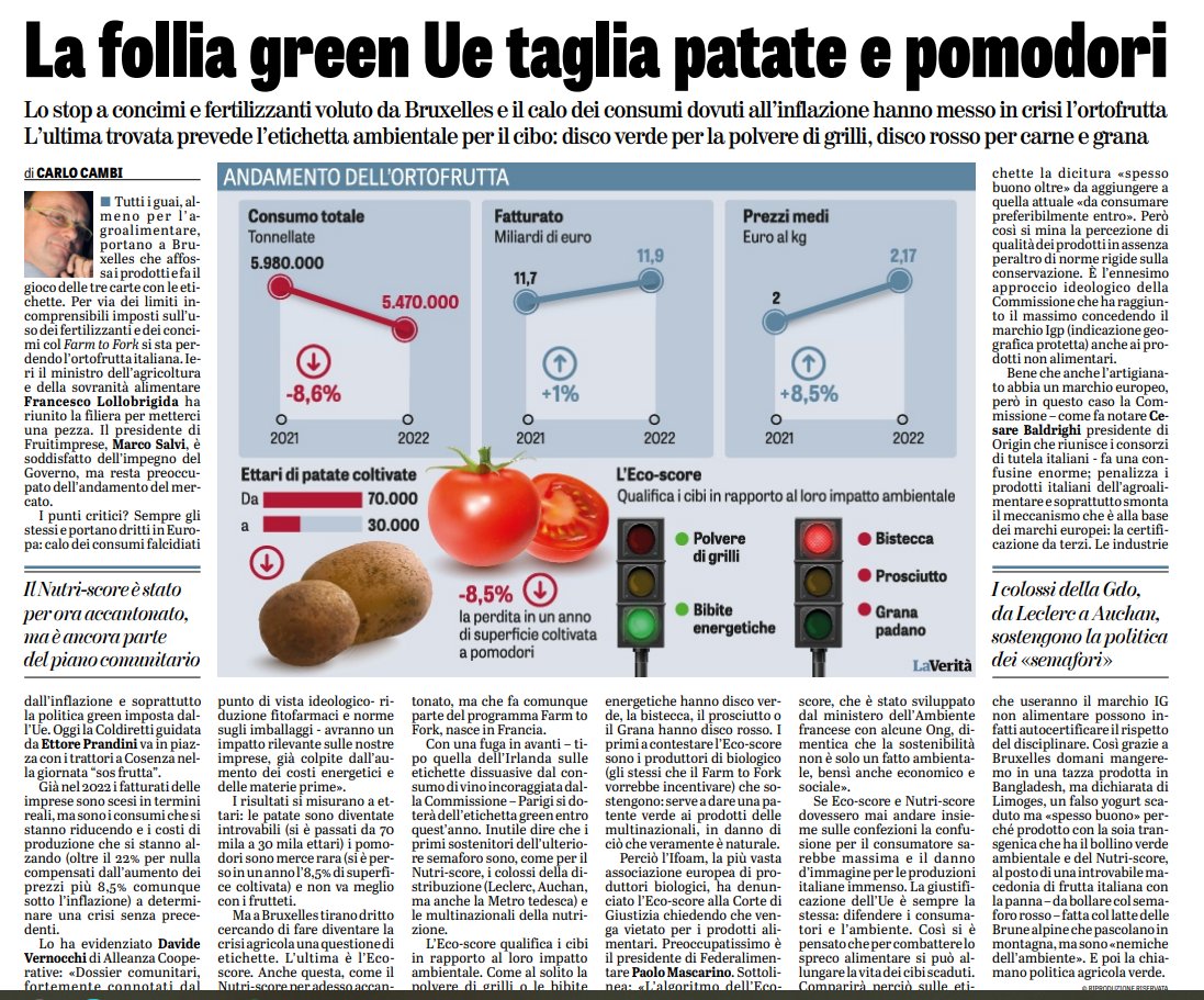 OrtigiaP's tweet image. QUESTI SONO FOLLI ma ancor peggio l&apos;Italia che soggiace a regole demenziali che distruggono l&apos;agroalimentare italiano, crisi per patate e pomodori. Ora in auge #Ecoscore. La Francia non demorde e con i semafori dà il via libera a insetti ma bistecca, grana e crudo no. FOLLIA
