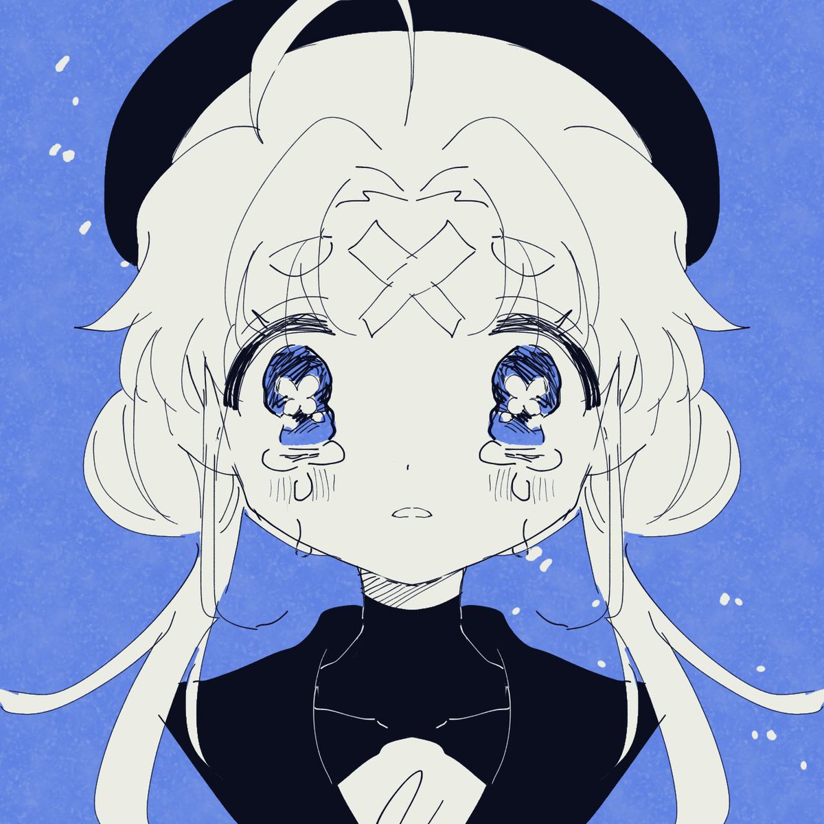 1girl solo hat blue background blue eyes tears looking at viewer  illustration images