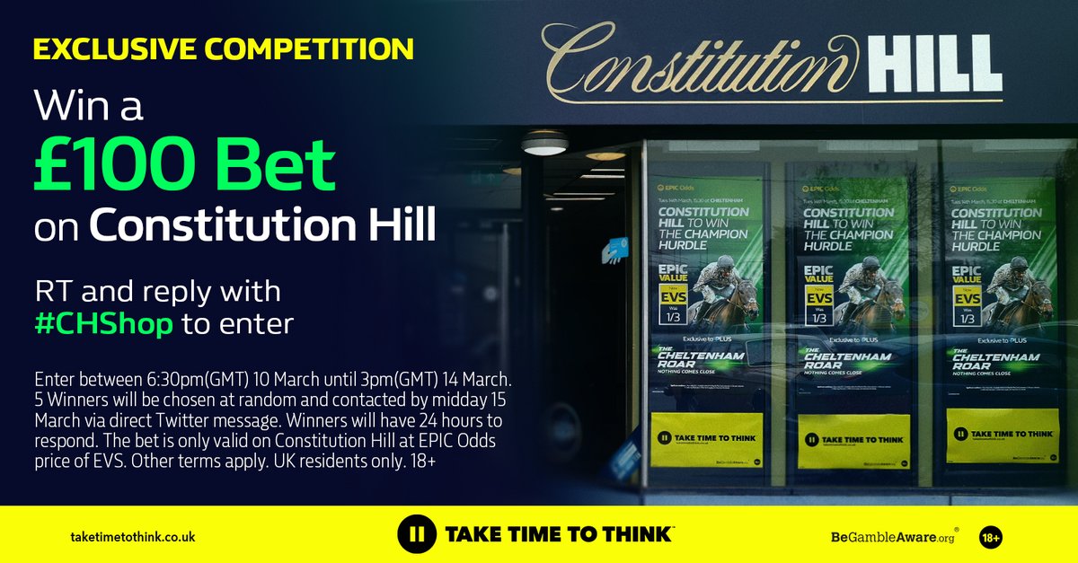 WilliamHill's tweet image. For the chance to win a £100 bet on Constitution Hill at the EPIC Odds price of EVS.

👍 Follow @WilliamHill
🔁 RT this post
✍ Reply with #CHShop

The prize draw will run from 18:30pm on the 10th March until 15:00pm on the 14th March.

18+ | TCs apply 👇

wh.bet/CHShopTCs