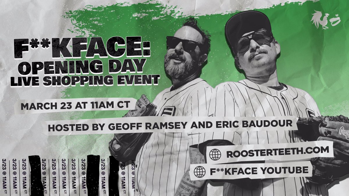 RegulationPod's tweet photo. Thursday March 23 at 11am 
F**kface jersey, F**kface hat, and variety green F**kface bat
Join us for Opening Day https://t.co/uBSTkM19Dy