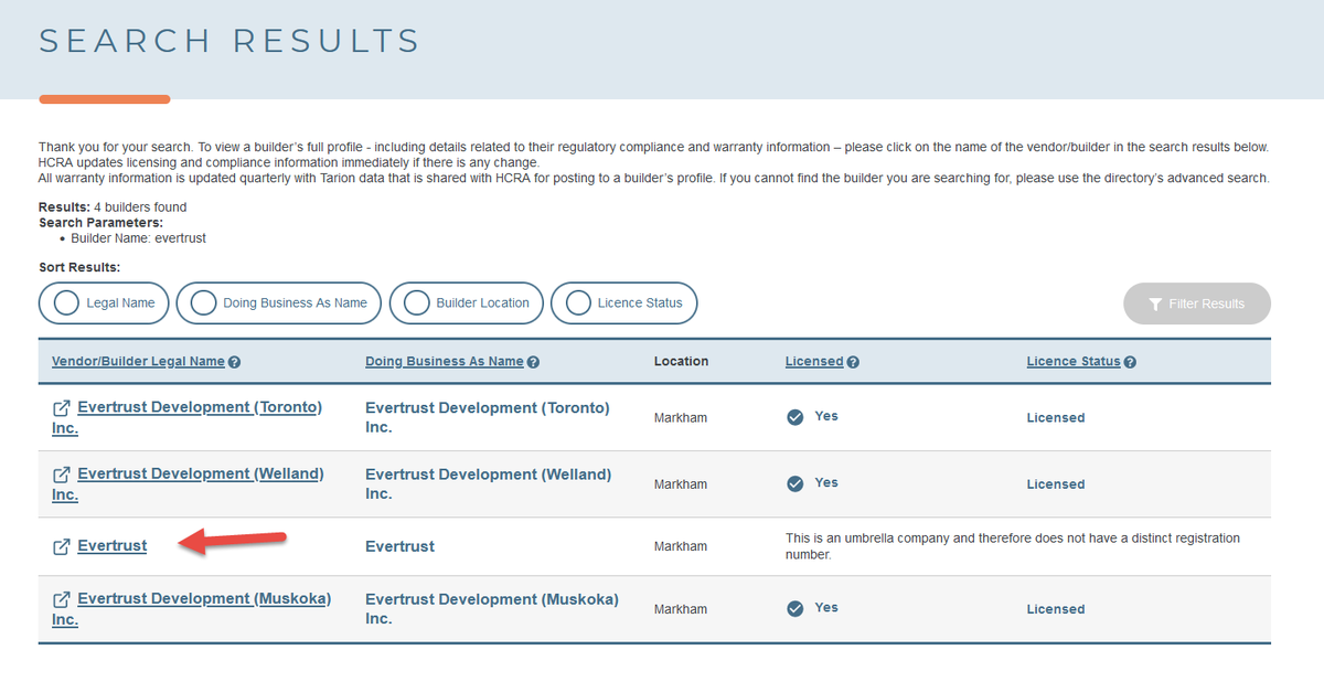 ReformTarion's tweet photo. .@hcraontario
What does this mean?
On your Builder Directory (which consumers use to research builders), you list an "umbrella company" of #Evertrust developer, but no further info on it. Should have link to all related companies. https://t.co/P56zJzJfyZ