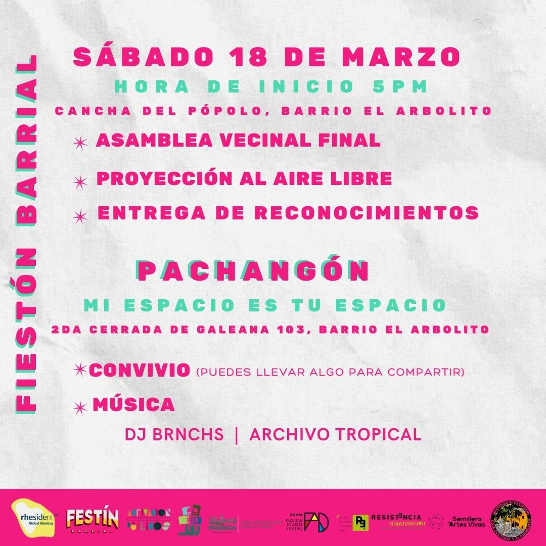 FestinBarrial's tweet photo. Gracias por acompañarnos y construir comunidad juntxs.
💥Programa de actividades del FIESTÓN BARRIAL
Cierre y clausura del proyecto Festín Barrial, saberes, experiencias y afectos.
📍Cancha del Pópolo, Barrio El Arbolito
🕐5 pm
🗓️ Sábado 18 de marzo 2023
@rhesident_org https://t.co/p0iNzwH1lZ