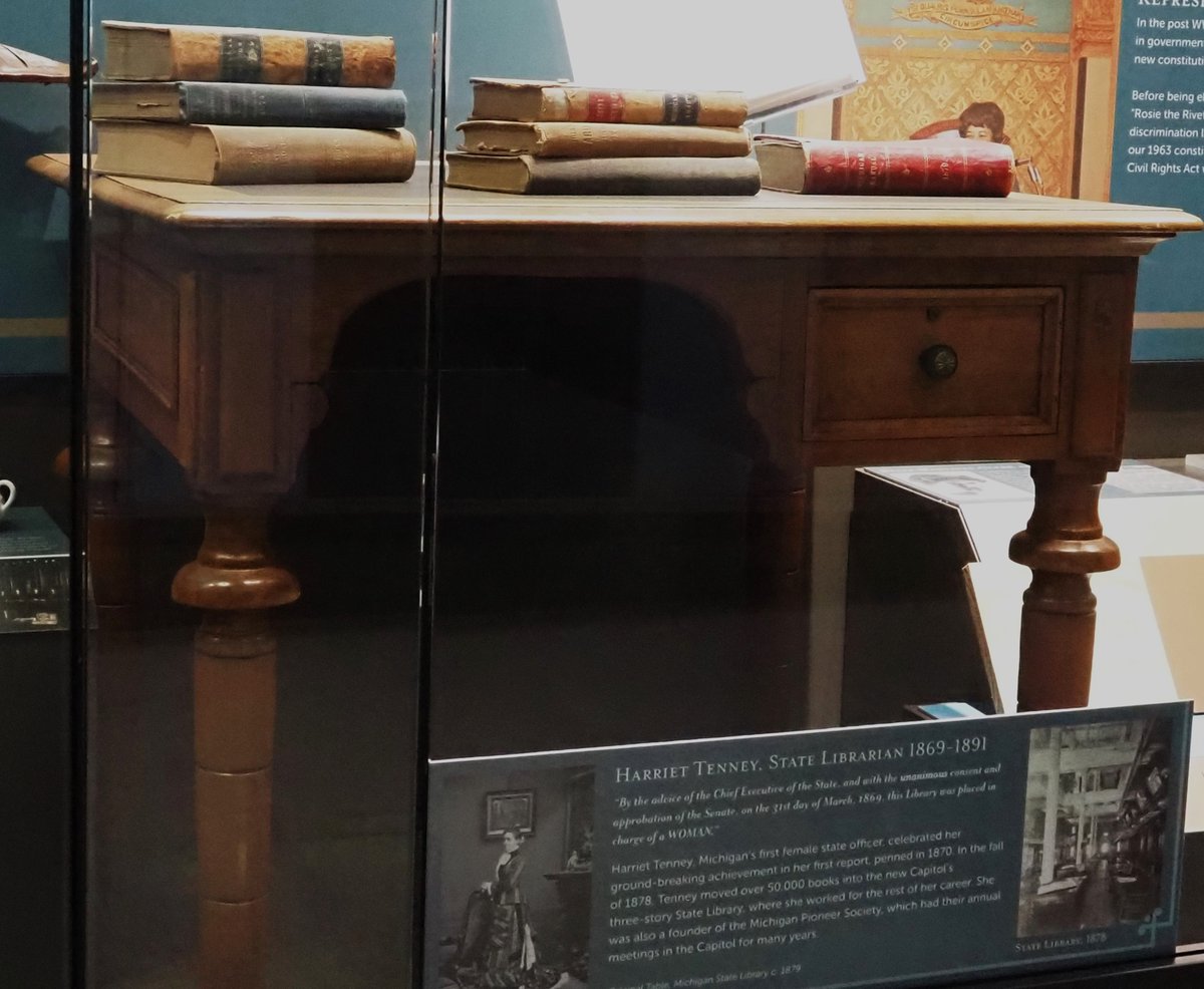 MIStateCapitol's tweet photo. Artifacts are a tangible link to the people who have made history in #mistatecapitol. This 1870’s table in Heritage Hall came from the State Library, which was managed by Harriet Tenney, the first woman to head a state department in Michigan. #womenshistorymonth #LibraryofMich https://t.co/YgiJumZSgn