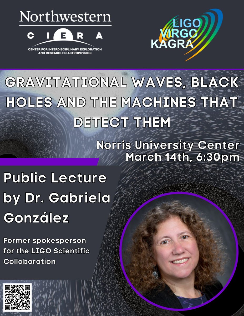 Join us next week for a special CIERA public lecture by Dr. Gabriela González! We will hear about her incredible work in gravitational wave astronomy - all are welcome! planitpurple.northwestern.edu/event/598668