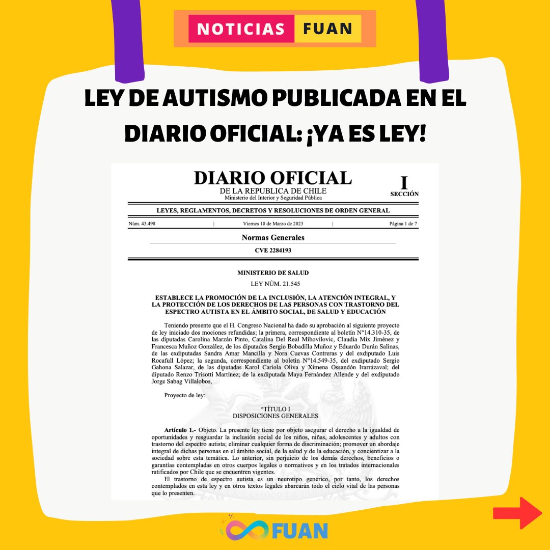 FuanFundacion's tweet photo. ♾️🌈 La Ley de Autismo fue publicada en el Diario Oficial➡️ establece la promoción de la inclusión, la atención integral y la protección de los derechos de las personas autistas. Ley ya entró en vigencia: https://t.co/4GcU0O94JG
#TodxsDiferentesTodxsValiosxs
#MiAutismoMiDerecho https://t.co/8l9lIhrWSB