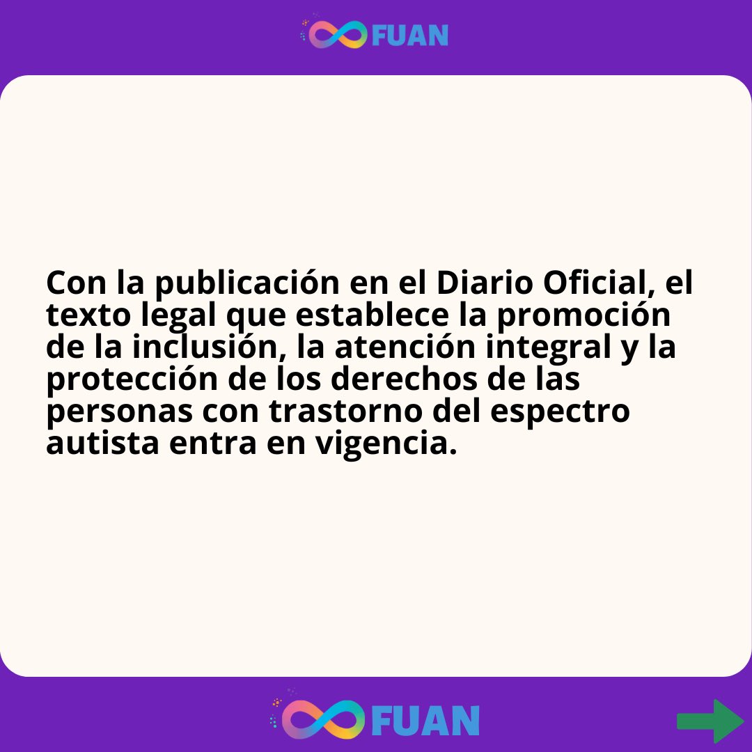 FuanFundacion's tweet photo. ♾️🌈 La Ley de Autismo fue publicada en el Diario Oficial➡️ establece la promoción de la inclusión, la atención integral y la protección de los derechos de las personas autistas. Ley ya entró en vigencia: https://t.co/4GcU0O94JG
#TodxsDiferentesTodxsValiosxs
#MiAutismoMiDerecho https://t.co/8l9lIhrWSB