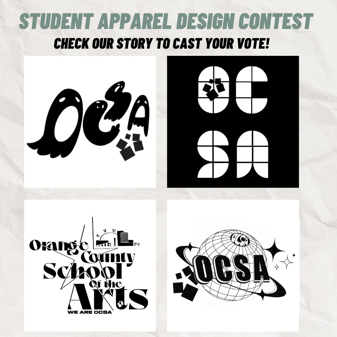 weareocsa's tweet photo. Thank you to all who submitted amazing artwork for the Student Apparel Design Contest! Now it's time to cast your vote for the design to be featured in an upcoming OCSA apparel sale. Visit the @weareocsa INSTAGRAM STORY to vote on your favorite! You only have ONE DAY to vote. https://t.co/G5qT1L4LAb