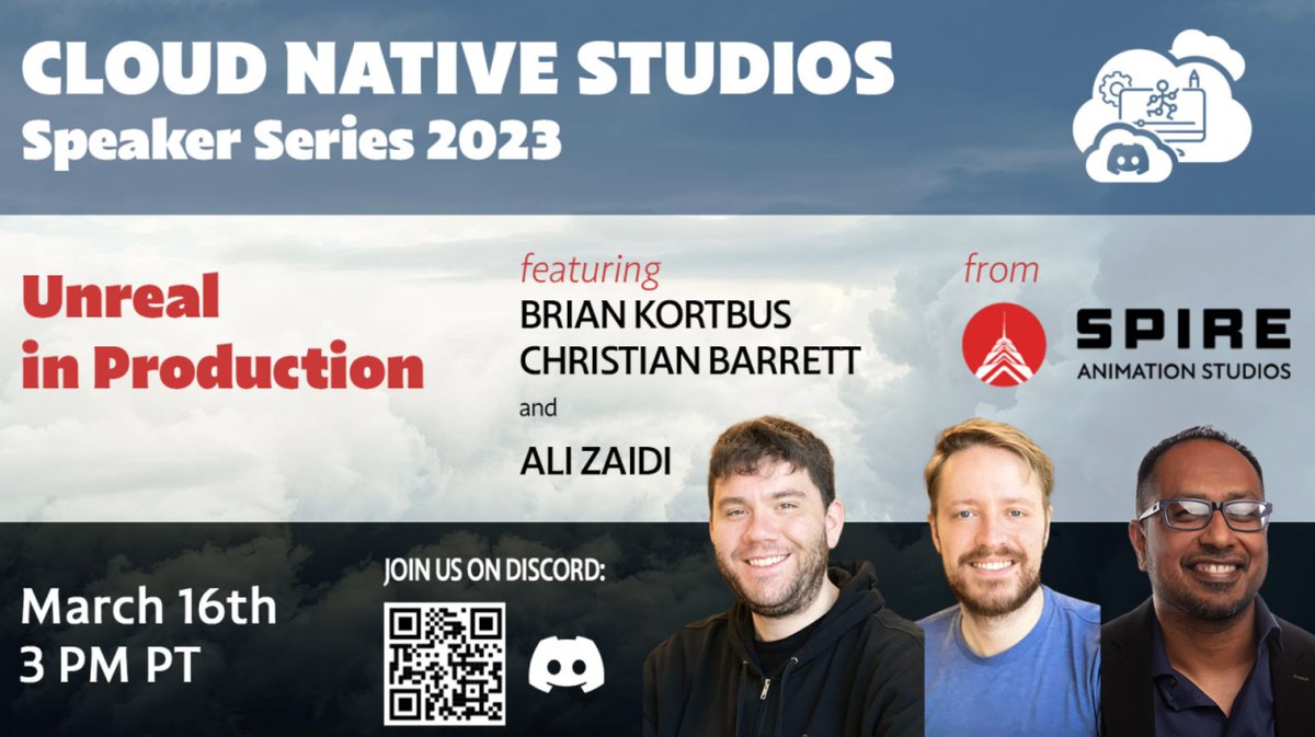 .<a href="/SpireAnimation/">Spire Animation Studios</a> Engineering talk you don't want to miss!
Cloud Native Studios series: "<a href="/UnrealEngine/">Unreal Engine</a> in Production" with TD Brian Kortbus, Eng Mgr Christian Barrett, VP Ali Zaidi; host <a href="/LiviuC_PhD/">Liviu Constantinescu</a>.
Join Thurs 3/16, 3pm PT! discord.gg/PU8hygUfbf
#SpireAnimation #SIGGRAPH #VFX