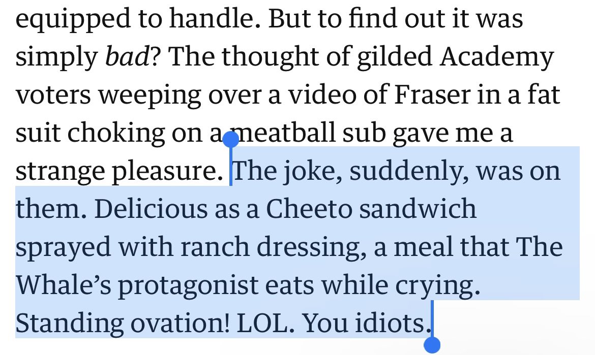 I hadn’t thought about it like this, but it’s true. A bunch of Very Serious Film People getting all “triumph of the human spirit” over a dude crying while eating Cheetos? Lol. Absolute lmao. Clown hours.