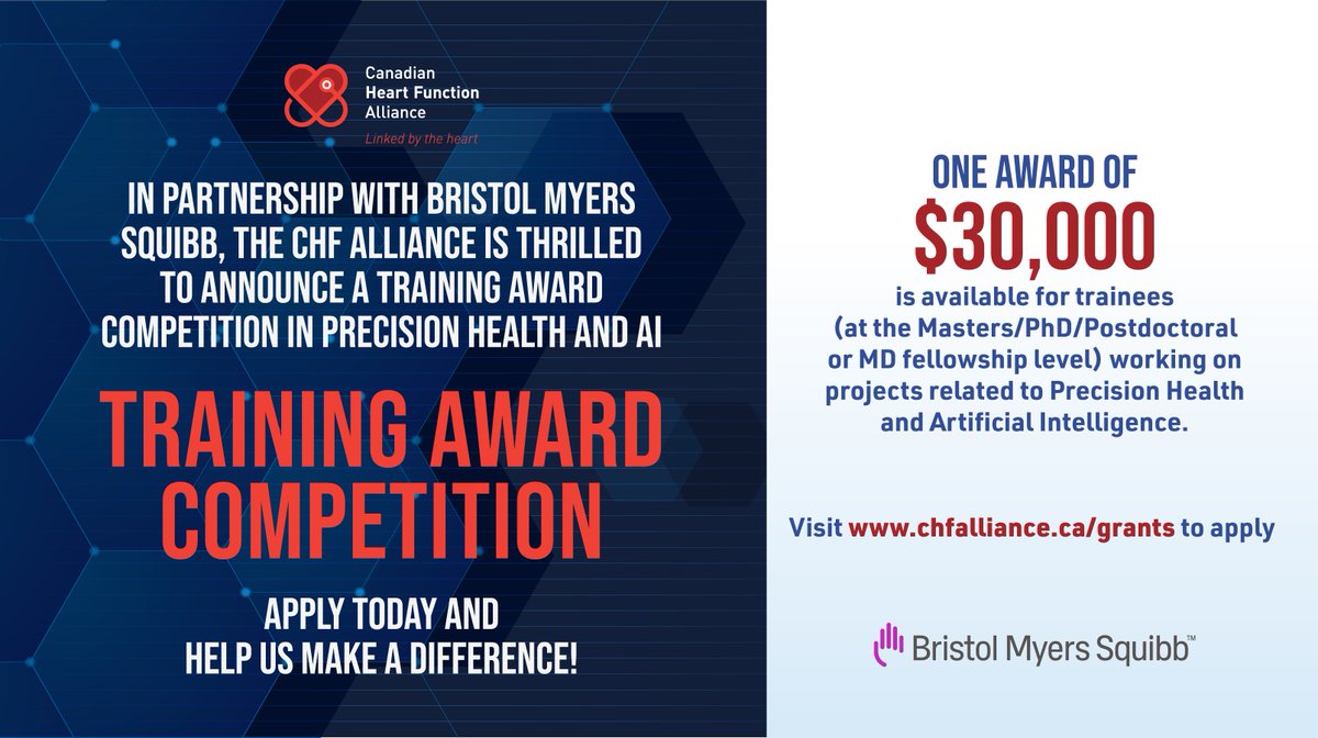 The CHF Alliance is proud to partner with @bmsnews and @SKHeartCentre to offer a national training award on #precisionhealth and #AI to improve the diagnosis and treatment of #HeartFailure - applications are due on April 28 and details are available at chfalliance.ca/grants