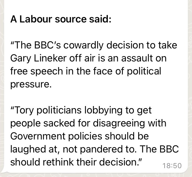 PolitlcsUK's tweet photo. 🚨🚨 | BREAKING: Labour responds to the BBC sacking Gary Lineker: 

"The BBC’s cowardly decision to take Gary Lineker off air is an assault on free speech in the face of political pressure" https://t.co/HtQCmm6wwf