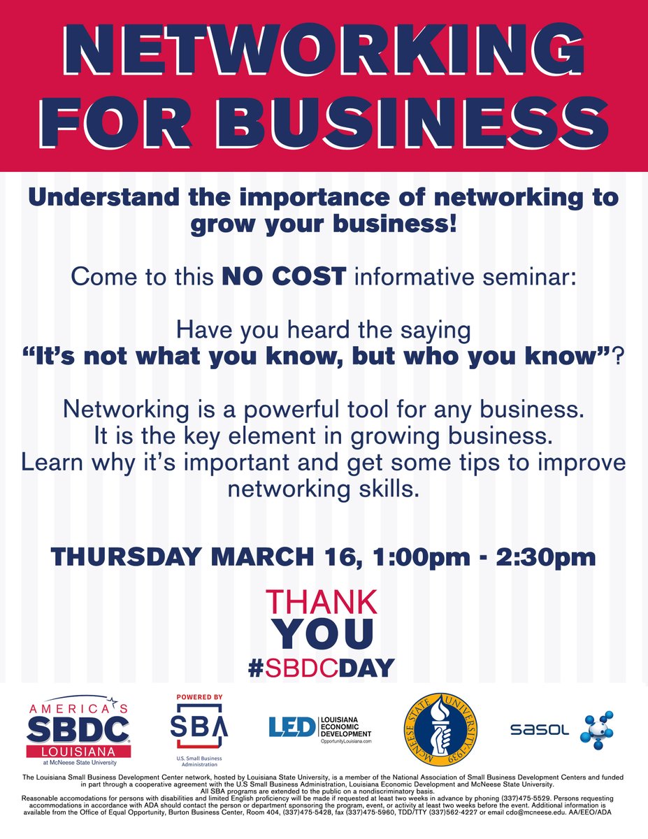 If you are a business owner or planning on starting a new business, join us for this informative seminar presented by Mr. Dean Day, our Business Consultant at LSBDC. 

📆Thursday, March 16, at 1:00pm
📍 IN PERSON at SEED Center, Room B/C

www2.lsbdc.org/workshop.aspx?…