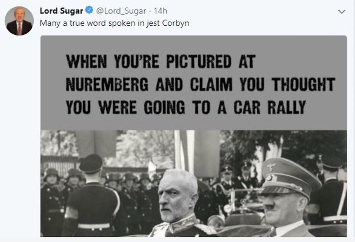 MarkOosterveen's tweet photo. I mean Alan Sugar, also a freelance BBC contractor, tweeted a photoshop of Jeremy Corbyn in a Nazi car sitting next to Adolf Hitler.

Still presents The Apprentice https://t.co/RBYOhJgO2K