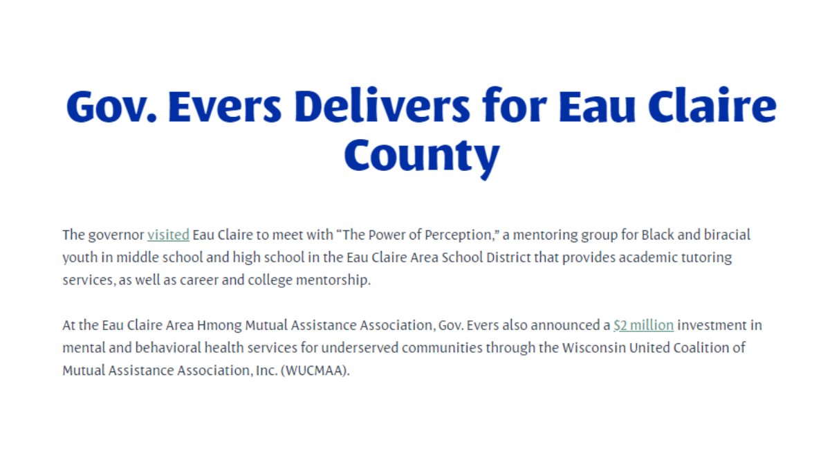 WisDems's tweet photo. @GovEvers stands up for Wisconsinites and our well being, and in Eau Claire County he’s doing that in a big way. 

Stay up to date with what’s happening in Eau Claire County by following their county’s Twitter account: @eauclairedems. https://t.co/ksXrpXOMrR