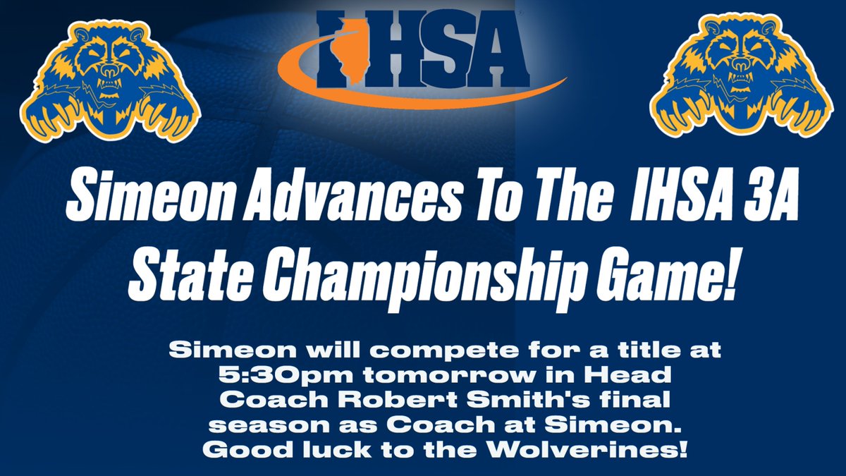 CPLAthletics's tweet photo. WHAT A WAY TO START THE MORNING! Simeon advances to the @IHSA_IL 3A State Championship after defeating St. Ignatius 60-42. Simeon will tip-off the Championship at 5:30pmCT tomorrow LIVE on @wciu  The U! 
Good luck to the Wolverines! 
@ChiPubSchools @SimeonNation @NealFSimeon_CA https://t.co/rXsuglywK7