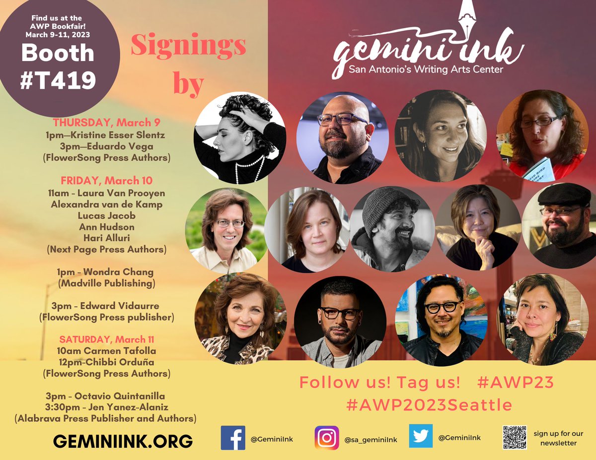 GeminiInk's tweet photo. If in Seattle for AWP, catch Next Page Press authors at our table this morning, plus Wondra Chang and Flowersong publisher Edward Vidaurre in the afternoon. We're at Table T419! |#awp #awp23 #seattle #awpseattle https://t.co/DNOoJneiV1 @NextPagePress @ChangWondra @VidaurreEdward https://t.co/oVyrc9WSaw