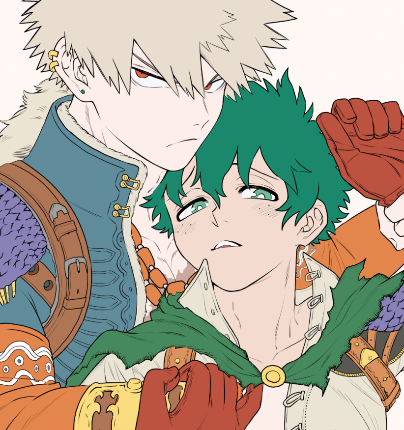 bakugou katsuki ,midoriya izuku multiple boys male focus 2boys green hair blonde hair freckles gloves  illustration images