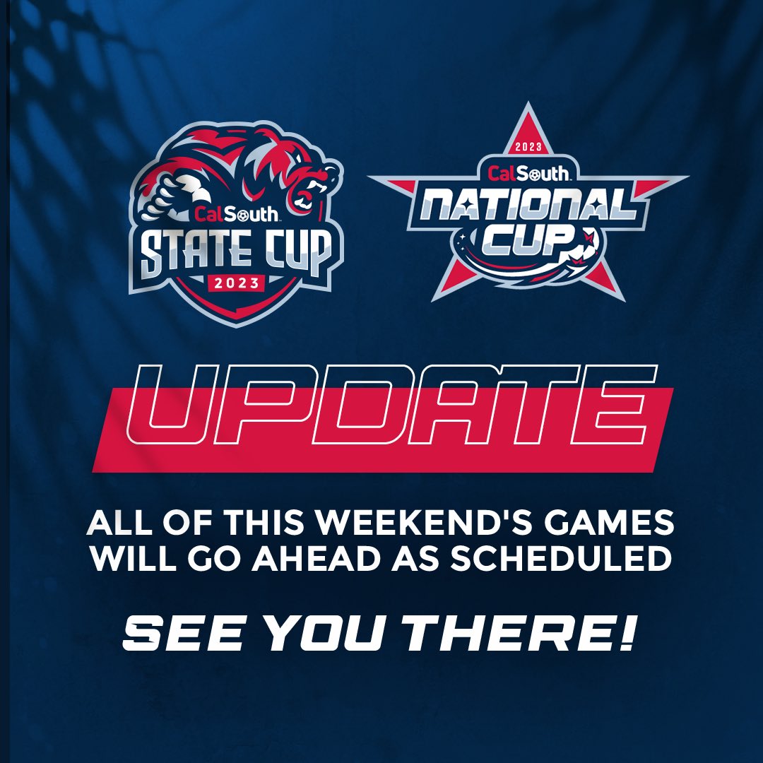 🚨 All Cal South State Cup and National Cup games will go ahead this weekend as scheduled.    We can’t wait to see you all out on the field 🤜🤛   Have a great weekend 🏆🥇⚽   #CalSouth #CalSouthStateCup #CalSouthNationalCup #BoysSoccer #GirlsSoccer #YouthSoccer #USYS