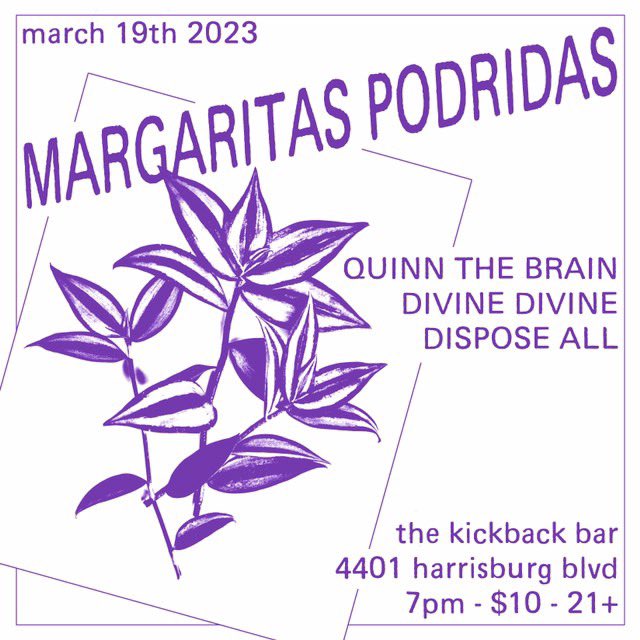 QuinntheBrainTX's tweet photo. NEXT SUNDAY 💜 We’re playing our first show of the year with @rotten_daisies at #thekickbackbar 🌼 We’re so excited to be asked on this 🥹 It’s their first time playing #Houston so don’t sleep on this show! @DivineDivineTx and #DisposeAll will be opening 🌈 Catch us while you can https://t.co/6QHVxNd8F1