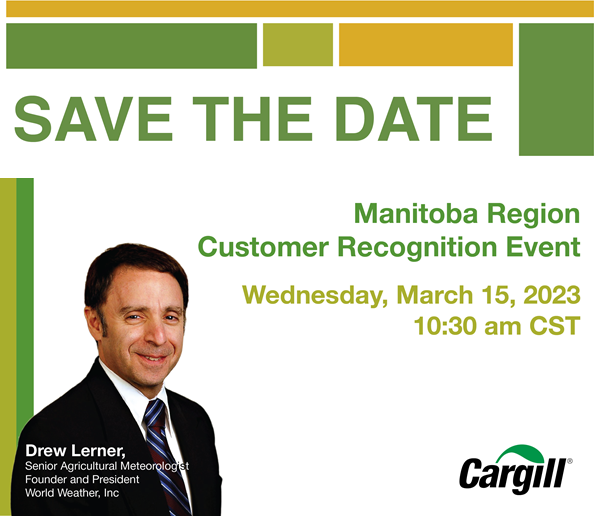 CargillAgCanada's tweet photo. Our Manitoba region is hosting a customer recognition event on March 15 online with Drew Lerner as guest speaker. He will be discussing weather predictions in MB and southern SK. To join, you can register here: https://t.co/Lz9bV7lMoV 
We hope to see you there!
#GrainMarketing https://t.co/SfsLUfbXjL
