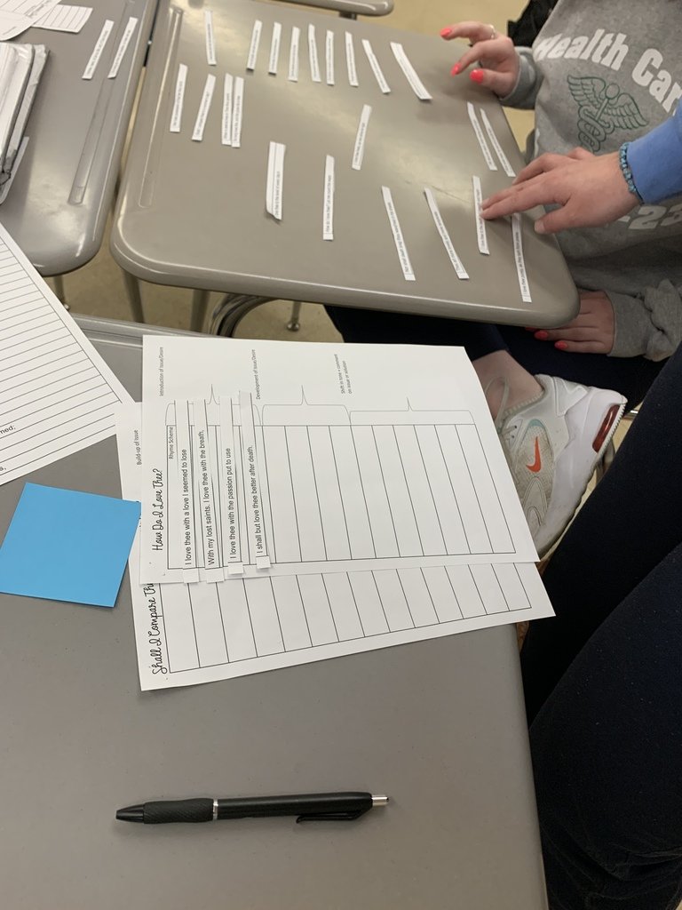 Our awesome students in AP Literature are continuing their study of sonnets. They sorted lines from each type of sonnet (Petrarchan or Shakespearean) into their respective poems based on volta, structure, and rhyme scheme. #ProudToBePND