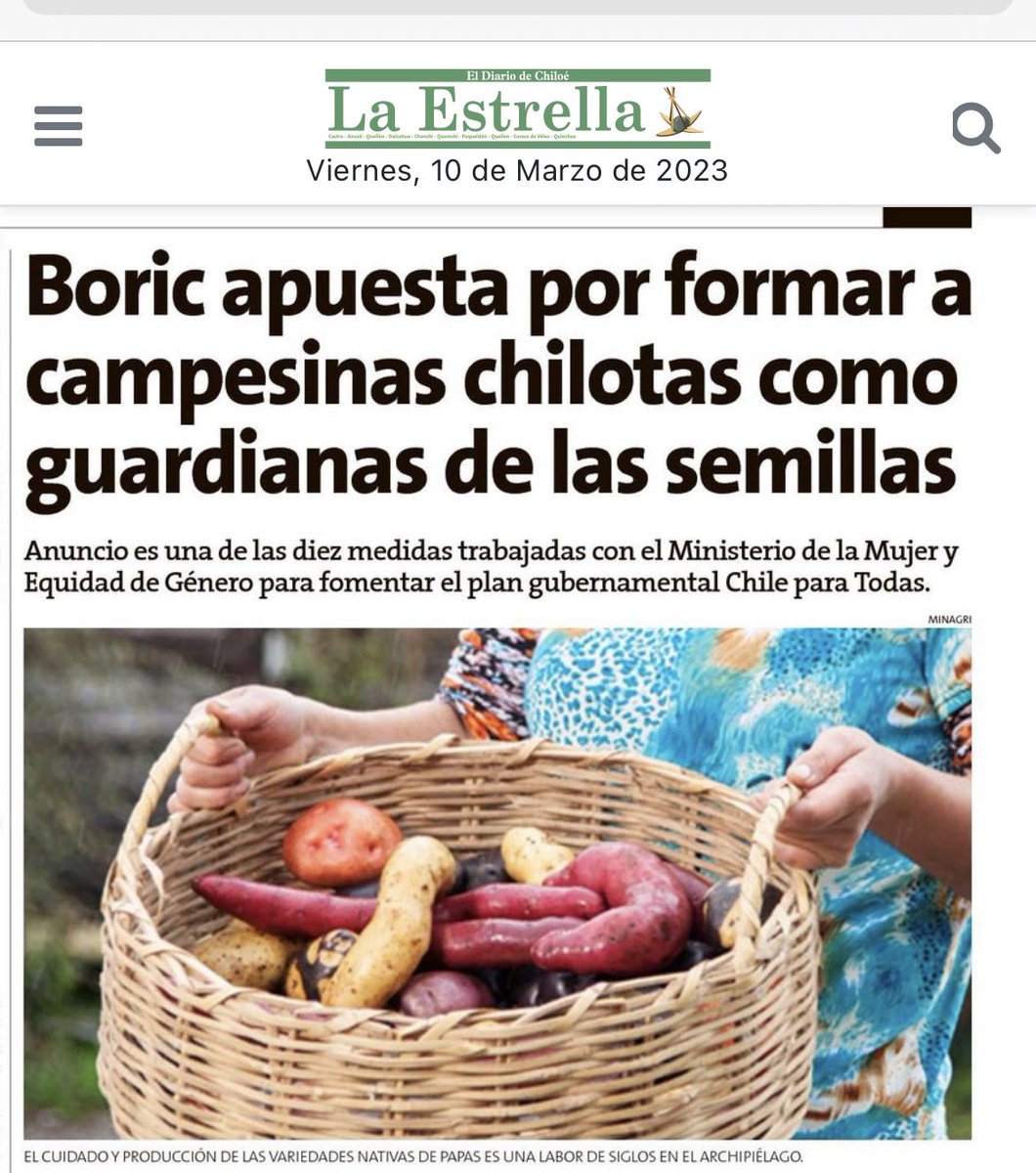 Las mujeres rurales , de campo chilote, son guardianas de sabiduría y cultura.
El <a href="/GobiernodeChile/">Gobierno de Chile</a> apuesta por que también sean guardianas de semillas .
👍👍👍 bien aquí <a href="/GabrielBoric/">Gabriel Boric Font</a> .
<a href="/Giovimoreira/">Giovanna Moreira A.</a> <a href="/tvalenzuelavt/">Esteban Valenzuela Van Treek</a> <a href="/JaimeSaezQuiroz/">Jaime Sáez Diputado</a> <a href="/DPPChiloe/">Delegación Presidencial Provincial de Chiloé</a>