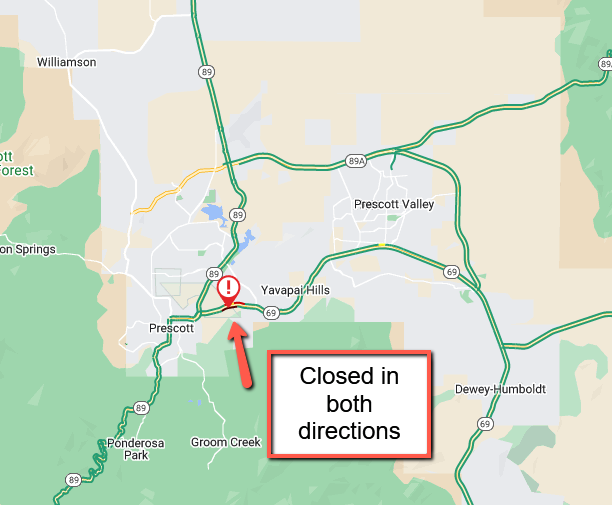ArizonaDOT's tweet photo. *CLOSURE*
State Route 69 is CLOSED in both directions in Prescott.
There closure is due to a crash at milepost 295 near Prescott Canyon Drive.
Expect delays and seek an alternate route.
There is no estimated time to reopen the highway.
#SR69 #aztraffic https://t.co/WIvWEyqraR