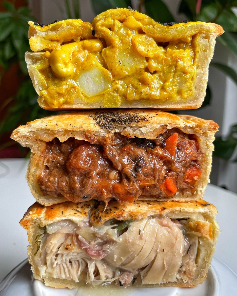 It’s British Pie Week! 🥧 
I celebrated by enjoying some award winning handcrafted pies by <a href="/jarvispickle/">PIES by Jarvis Pickle</a>. 
In the stack there’s:
• Chicken and ham pie
• Moroccan lamb pie
• Vegan cauliflower curry pie
Always exceptional pies by these guys and they’re available to order online.