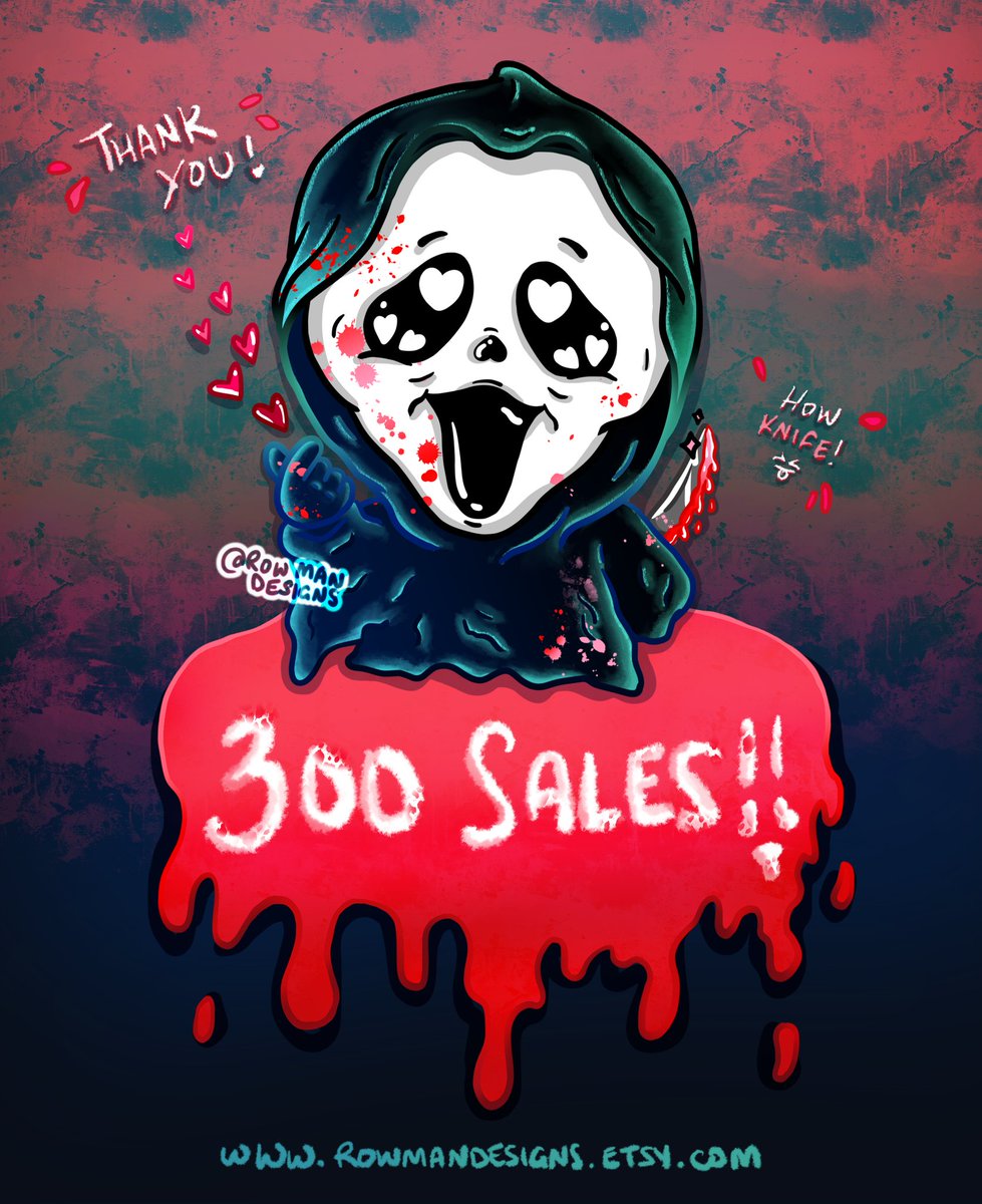 RowManDesigns's tweet photo. 😱✨ Killer thanks for 300 SALES in my @Etsy shop! I really appreciate the support for my little shop, it means a lot 💖 Have a knife weekend! 🔪😏🖤 #milestone #SmallBusiness #shopsmall #art #Scream https://t.co/3NvVw1XbLh