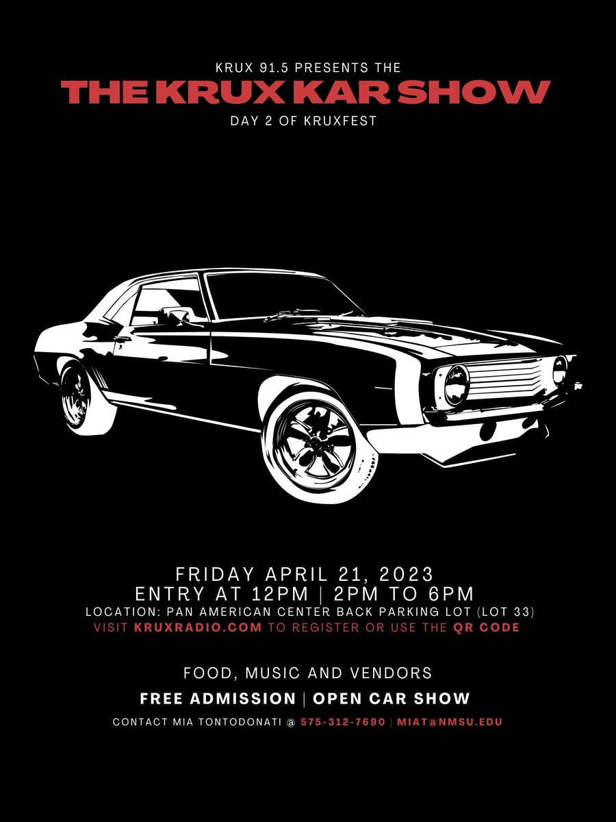 kruxfm's tweet image. 🏁THE KRUX KAR SHOW 🏁

on day two of KRUXFEST KRUX 91.5 FM will be throwing a car show! there is no entry fee and it will be an open car show so everyone is welcome! 

we will have food trucks, vendors and live music!

use the QR code to register or kruxradio.com! 🎸