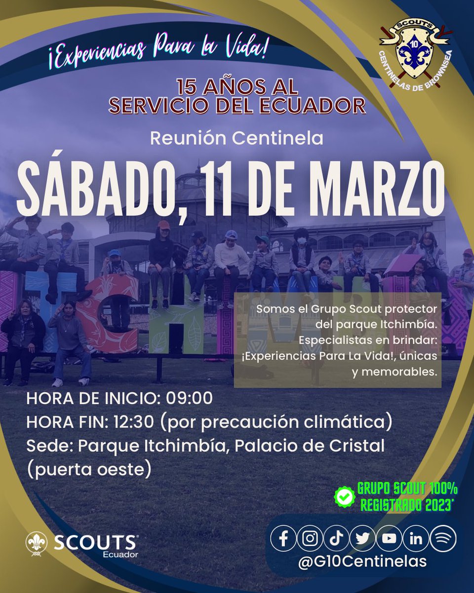G10Centinelas's tweet photo. 🪢🪢⚜️⚜️LISTOS PARA TU SIGUIENTE #ExperienciaParaLaVida en #ElLugarMásFelizDelMundo !!! 

🏁Sábado, 11 de marzo a las 09:00 en nuestra Sede. 

👨‍👩‍👦‍👦🔟No olvides todo tu material, uniforme, lunch completo y equipo personal !!! Pero sobre todo tu grandiosa sonrisa y felicidad !!! https://t.co/Dz9iklPrQu