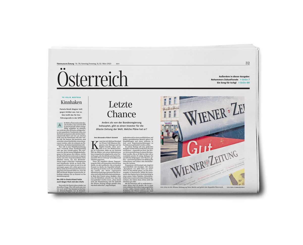 🇦🇹-Ausgabe 10/23 
<a href="/SZ/">Süddeutsche Zeitung</a>

Kinnhaken in der SPÖ
sz.de/1.5765476

Letzte Chance für <a href="/WienerZeitung/">WZ | Wiener Zeitung</a> 
sz.de/1.5765475 (€)

Leser:innenpost zur Neutralität
sz.de/1.5759594

Gedruckt, digital und im Newsletter!
