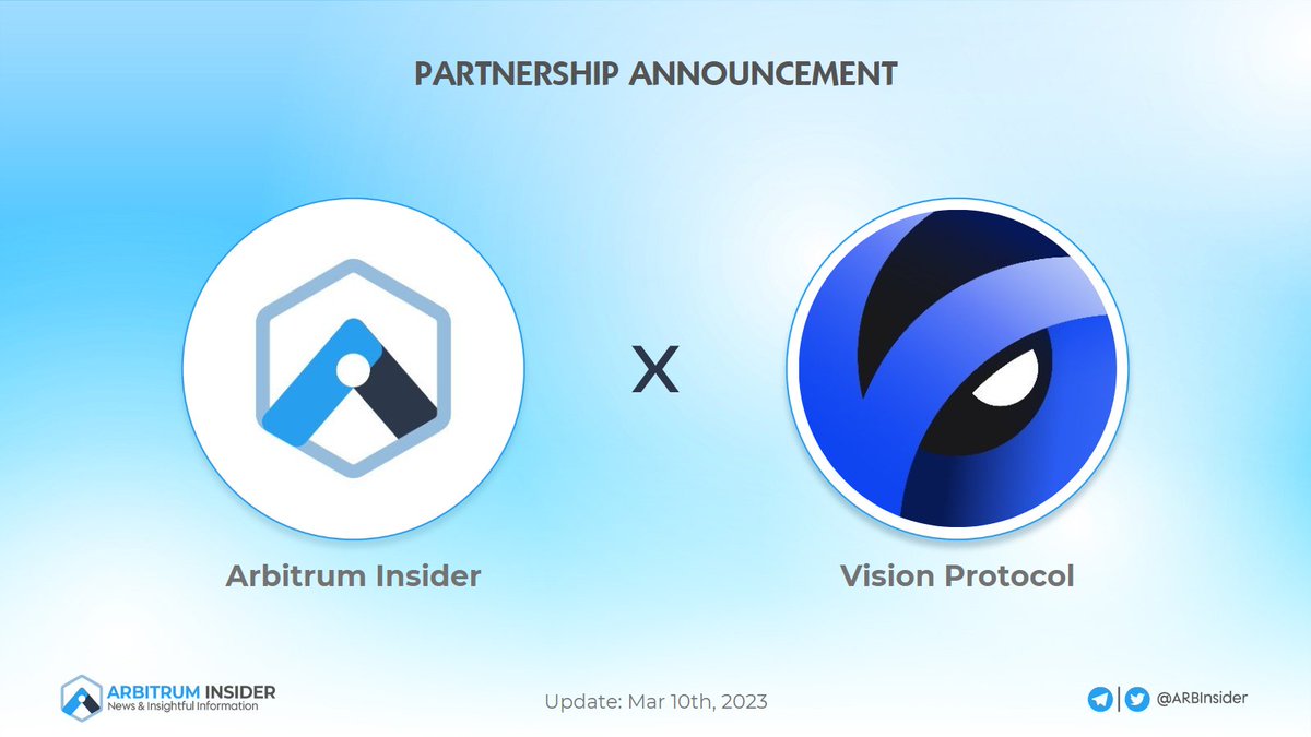 🎉 We are pleased to announce a partnership with #VisionProtocol. We will give away👇

🎁 $100 and 5 OGs for 5 winners

Rules:
☑️ Follow @ARBInsider &amp; <a href="/VisionProtocol/">Vision Protocol | Mainnet on Arbitrum (💙,🧡)</a> 
☑️ ❤️ + RT + Tag 3 frens
☑️ Join discord.gg/visionprotocol &amp; discord.gg/jjtWv9PB

#RealYield #GameFi #Arbitrum