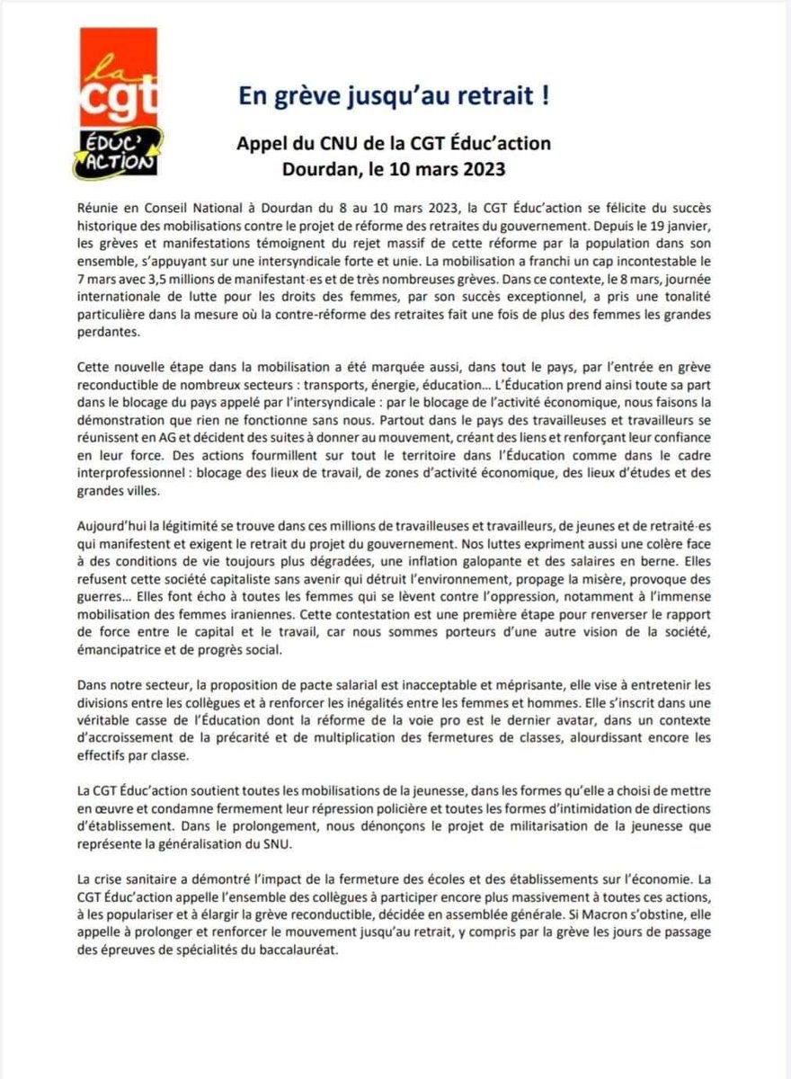 📣 La <a href="/cgt_educ/">CGT-Éduc'action</a> nationale « appelle à prolonger et renforcer le mouvement jusqu’au retrait, y compris PAR LA GRÈVE LES JOURS DE PASSAGE DES ÉPREUVES DE SPÉCIALITÉS DU BACCALAURÉAT »
➡️ Des lycées de plusieurs académies ont déjà pris position pour la grève les 20, 21 et 22 mars!