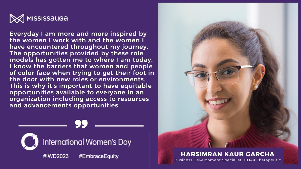 MississaugaEDD's tweet image. International Women's Day Continues!♀️

⭐Today we have Harsimran Kaur Garcha. Harsimran shares what equity for women in the workplace means to her. 

#EmbraceEquity #IWD2022 #InternationalWomensDay