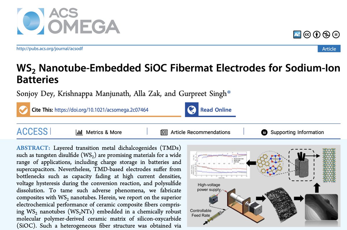 Graduate student Sonjoy's collaborative work on WS2 nanotubes SiOC for #sodium ion #batteries with Holon Institute of Technology, Israel in ACS Omega journal #ACS #ceramics #energy #OpenAccess