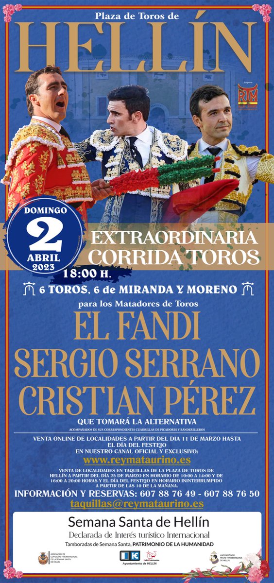 📍Hellín ( Albacete) 
📆 02 Abril Domingo de Ramos
⏰ 18:00 horas
 🐂 
<a href="/MirandayMoreno/">Miranda y Moreno</a>
- <a href="/DFelFandi/">David Fandila</a> <a href="/prensaElFandi/">Prensa ‘El Fandi’</a>
- <a href="/SergioSerrano85/">Sergio Serrano</a> 
- <a href="/cristianpl49/">Cristian perez lopez</a> ( tomará la alternativa )  #hellin #toros