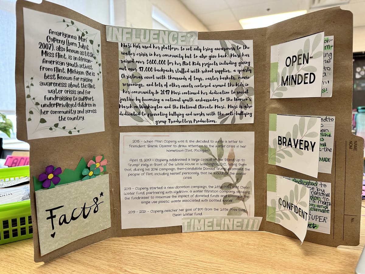 duffclass's tweet photo. The first few student projects are coming in! Grade 7 students have been researching influential young Black people in our world who are role models and making change! The lap books are looking AMAZING! Can't wait to share these with primary classes. @AGESGryphons @SCDSBequity https://t.co/wCO5URGXxL