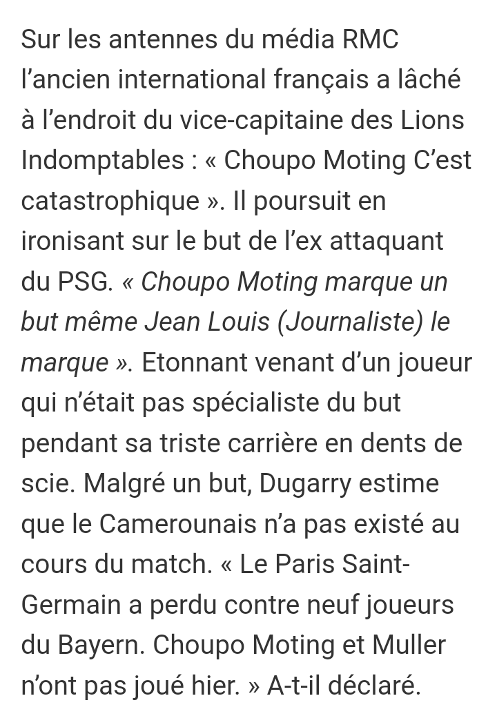 FoudaFabrice's tweet image. Après Deschamps, Mourinho &amp;amp; Zidane, Dugarry s'attaque à Choupo Moting. Si au moins il avait eu une meilleure carrière que le 🇨🇲. C'est dommage que ceux qui soient là pour encourager, découragent...

#Dugarry #ChoupoMoting #RMC #PSG #BayernMunich #BAYPSG

camfoot.com/actualites/chr…