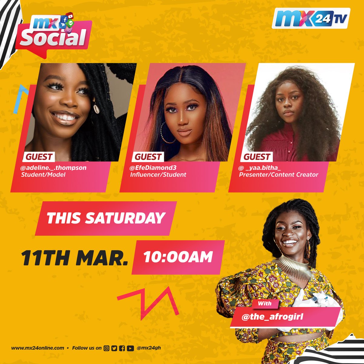 mx24gh's tweet photo. It's the weekend! @the_afrogirl and guests Adeline Thompson, @EfeDiamond3 and @yaabitha bring you a breakdown of the biggest trending stories on social media. Tune in 10am sharp. 

#mx24gh #funfearlessfactual #MXSocial https://t.co/TEpQ8ts7yj
