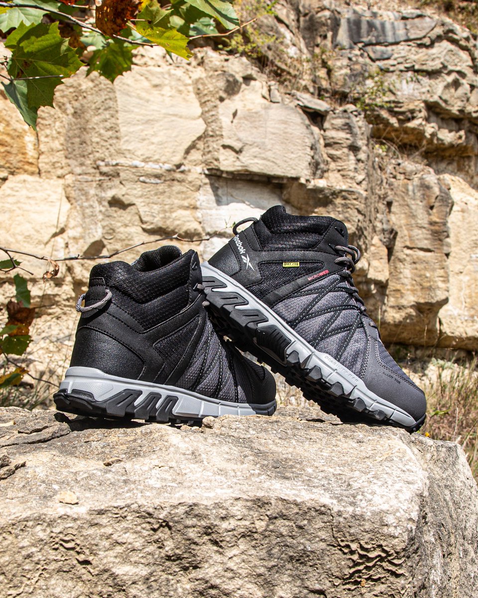 Reebok's tweet photo. Charge through your work with the Reebok Trailgrip Work, featuring a protective toe and active traction rubber lug pattern with outstanding gripping power. Shop this and other safety work styles at  https://t.co/QQbJ7JmBAo https://t.co/cjC0lzOA53