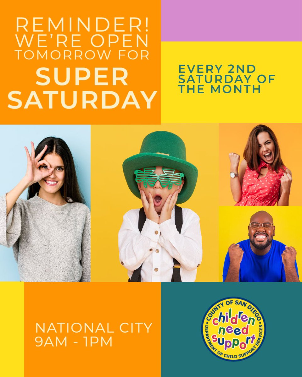 SDChildSupport's tweet photo. Reminder: We're OPEN TOMORROW, March 11, in National City. Take advantage of this time to visit us from 9 AM - 1 PM. We're also available via Zoom at https://t.co/KfCe3Jsd09. See you there! #SDChildSupport https://t.co/y3A9jsw39Q