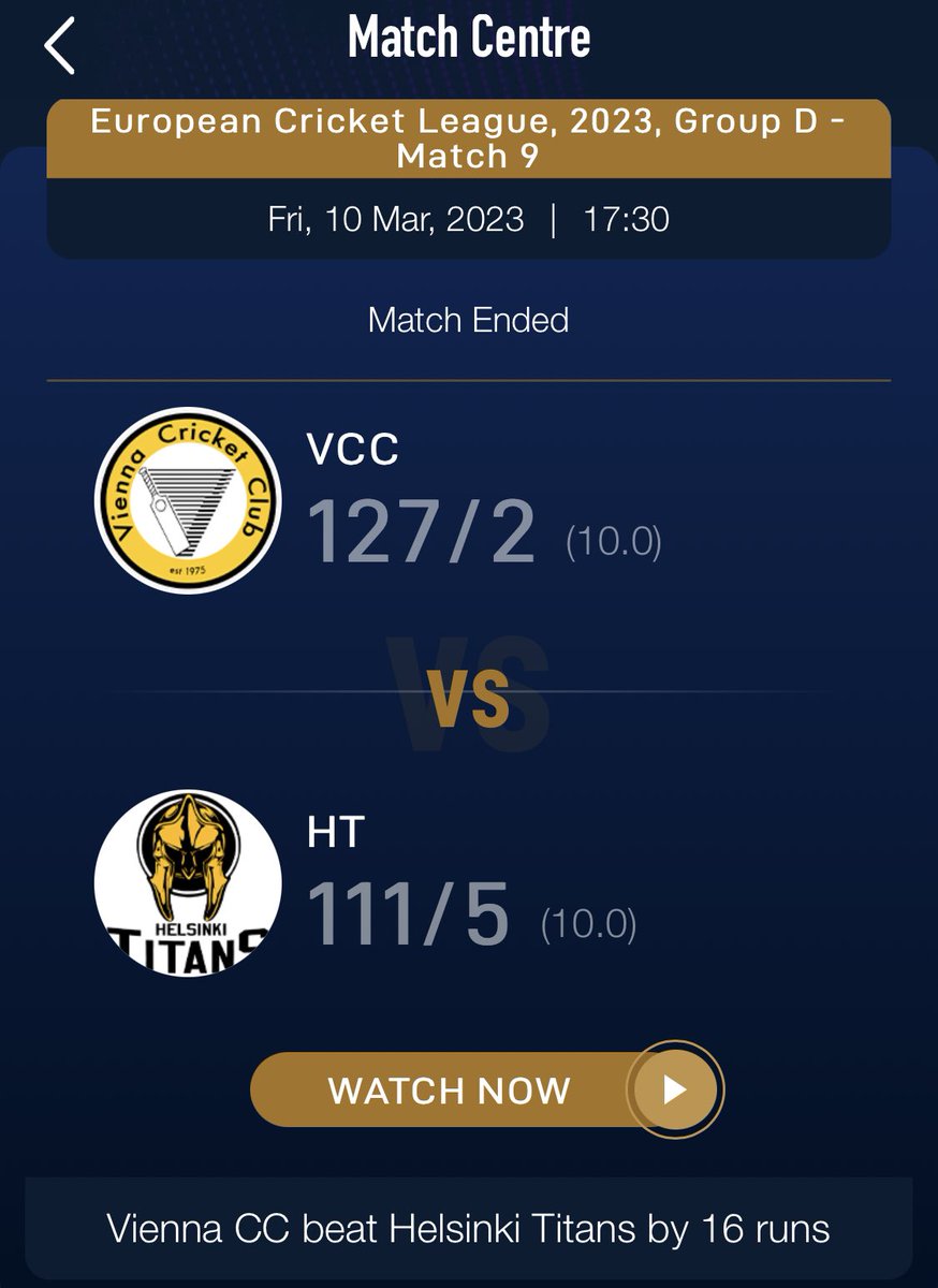 Group D Match 9
Vienna CC cement 3rd spot with victory v Helsinki #ECL2023