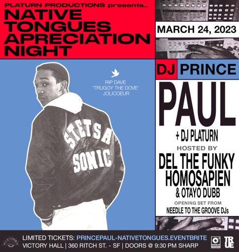 DelHIERO's tweet image. 3/24 it’s going down in SF with the patnas @DJPrincePaul  @Platurn  for Native Tongues Appreciation Night. Come get it 🤘🏾⚡️ eventbrite.com/e/native-tongu…