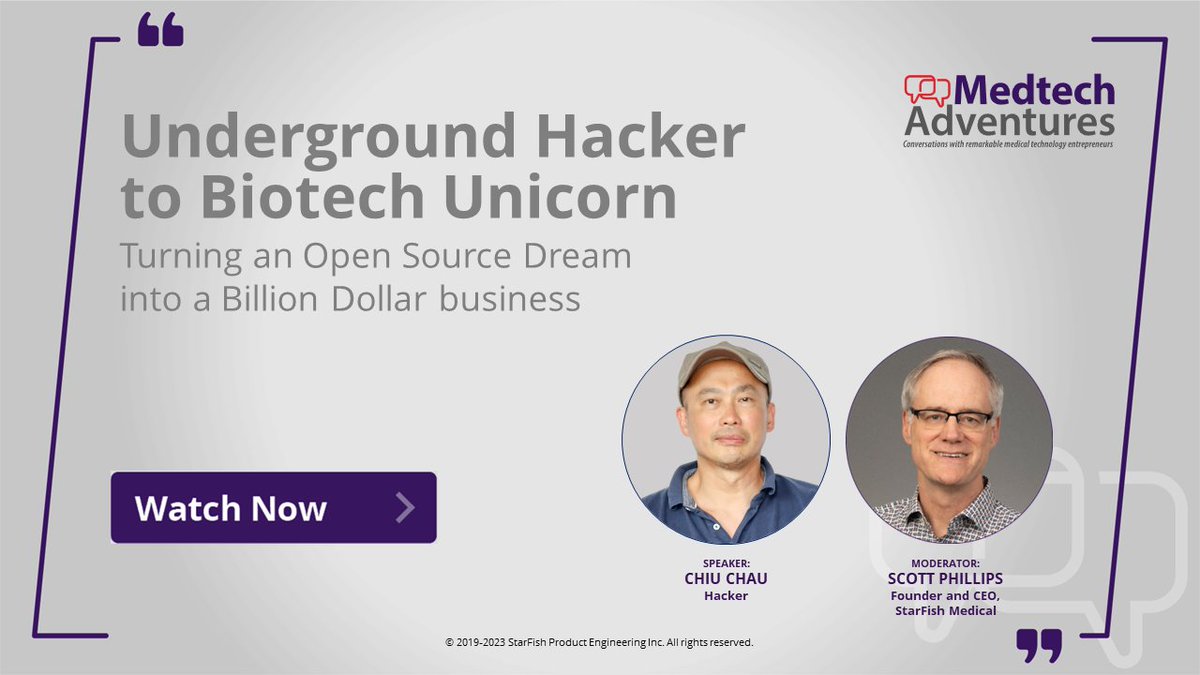 StarFishMedical's tweet image. Check out the recording of our recent #MedtechAdventures, &quot;From Underground Hacker to Biotech Unicorn&quot; featuring Chiu Chau and Scott Phillips. Don&apos;t miss out on the insights! #medicaldevices #biotech #robotics #opensource #entrepreneurship #MDPLAYBOOK

starfishmedical.zoom.us/rec/share/HOf0…