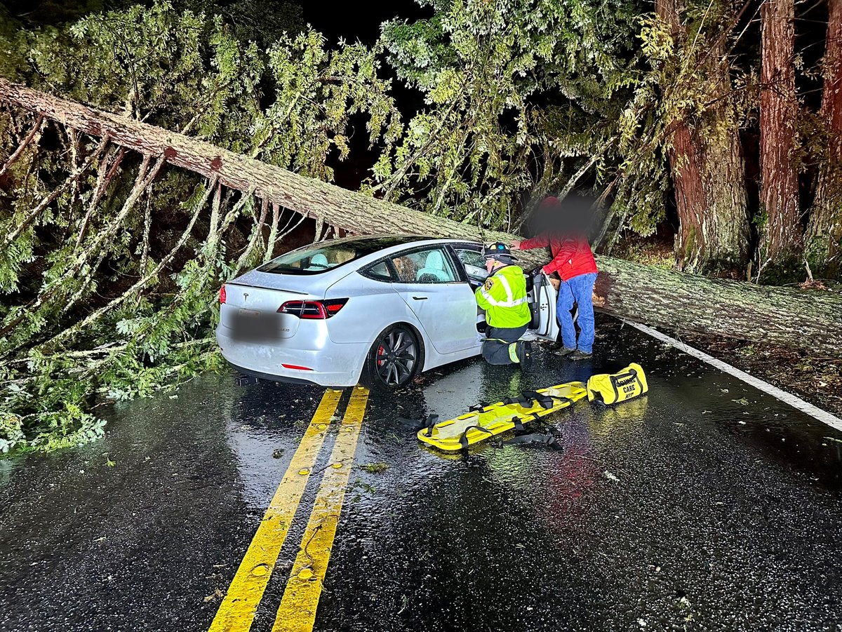 CALFIRECZU's tweet photo. Last night, vehicle was trapped under fallen tree, pinning 2 inside. San Mateo County firefighters on Engine 58 from Sky Londa, @WoodsideFire_CA, @MidpenRangerPOA, @KingsMtnFire  @SMCSheriff and @CHP_RedwoodCity responded, and rescued those trapped inside.  Minor injuries only. https://t.co/e13XpKdQCj