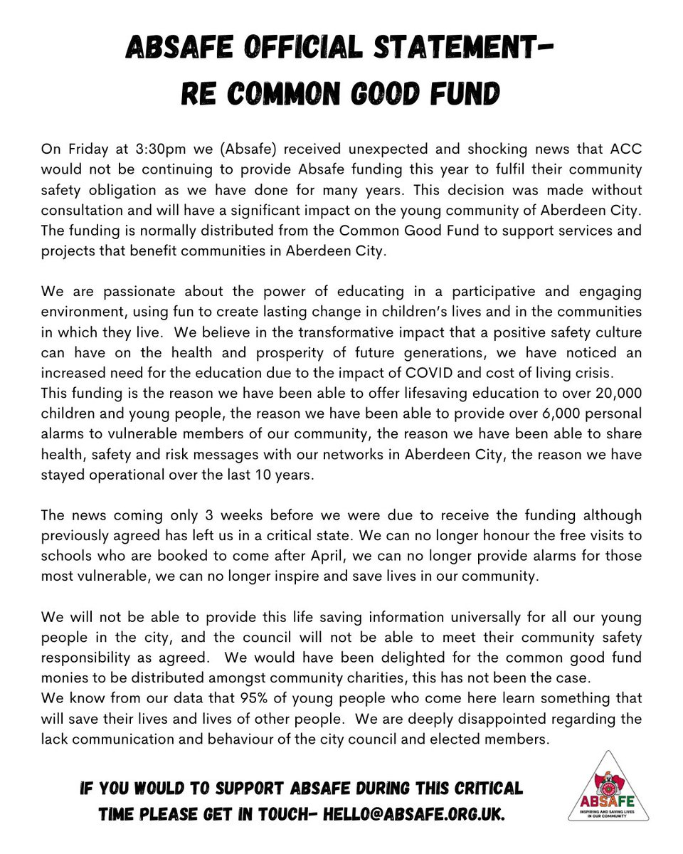 We received some news from <a href="/AberdeenCC/">Aberdeen City Council</a> last Friday regarding the loss of our funding. 

Please see below for our official statement.

Thank you to everyone who has supported us and continues to do so. We are deeply saddened by this news and the impact it will have.