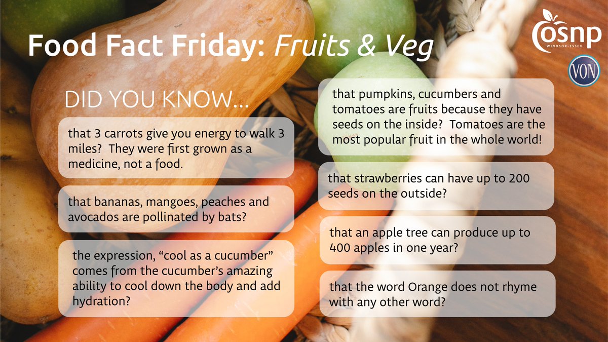 Happy Nutrition Month Windsor-Essex! 
It's #FoodFactFriday - here are some fun facts about fruit and vegetables! 🍏🍓🥕🥒 Did you know these? We'll... now you do! 

#studentnutrition #fruitandveg #healthybodiesactiveminds #brainfood #wefeedkids