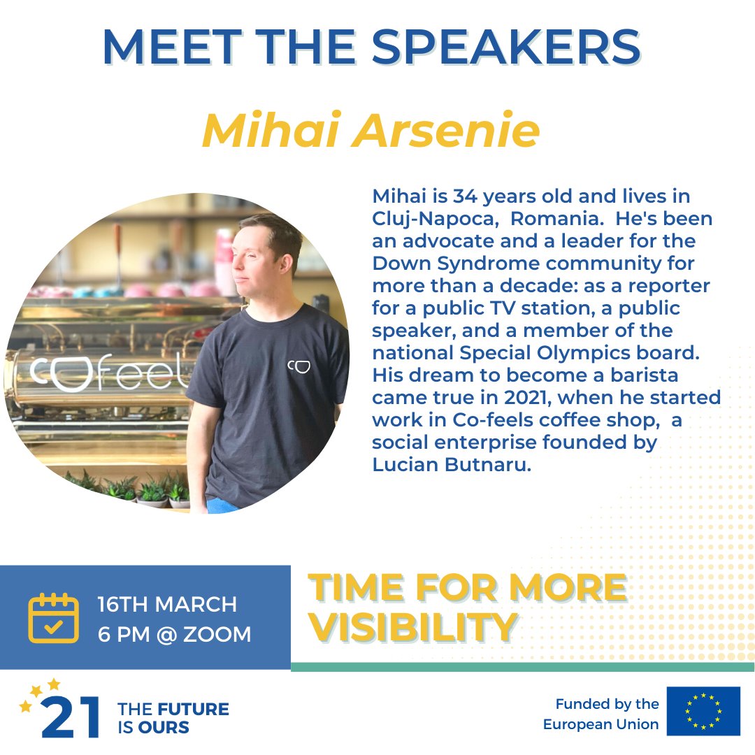 EUforTrisomy21's tweet photo. 📣 Join us in celebrating World Down Syndrome Day by attending our #TimeForMoreVisibility event on March 16th at 6pm! Our speaker, Mihai from 🇷🇴, will discuss the importance of visibility for people with #DownSyndrome. Register now: https://t.co/emLtMT1E7A #WDSD #WithUsNotForUs https://t.co/etHpy3HmmJ