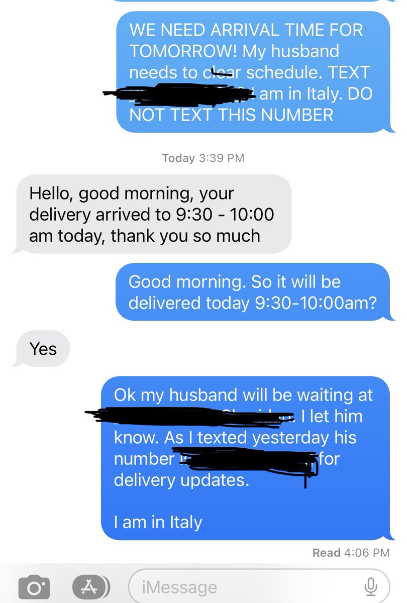 joannebeckley's tweet photo. So 6th delivery attempt by @potterybarn since Sept for in stock paid for furniture. Lots of excuses, no-show no calls. 2hrs late so far I’m in Italy watching PB ap &amp; husband sent office employee to wait after multiple calls because drivers lost. Looks like heading into mtn 😂 https://t.co/x60uNajnHv